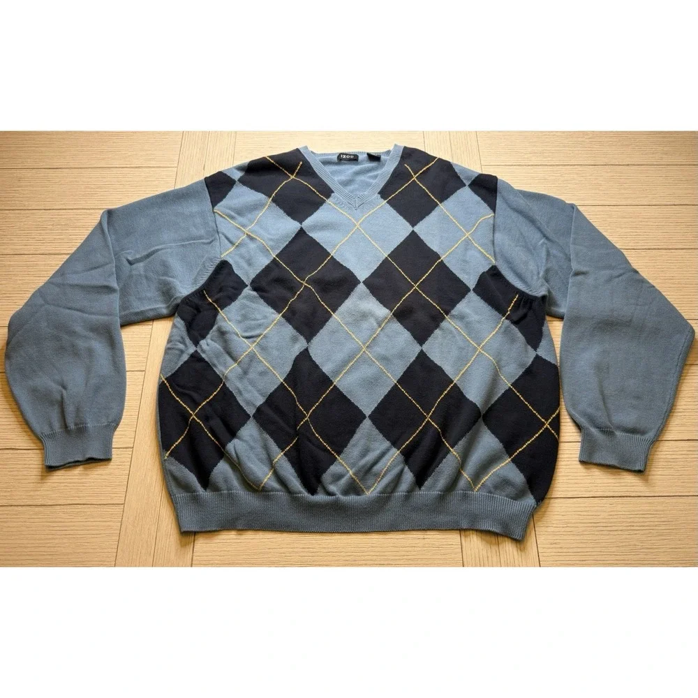 Izod Men's VTG Argyle V Neck 100%Cotton Knit Long Sleeve Blue & Navy Sweater XXL